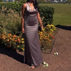 PrettyLittleThing Satin Cowl Neck Maxi Dress in Taupe